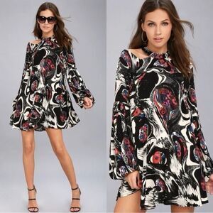 Free People Sz XS Drift Away Cold Shoulder Printed Bohemian Tunic Dress hippie
